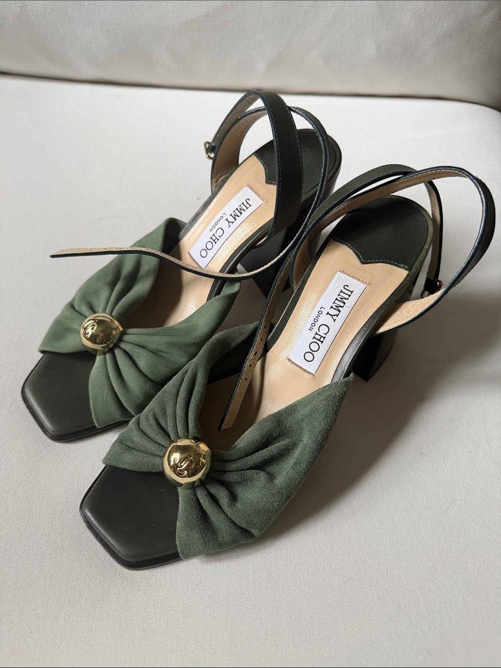 Jimmy Choo Olive Green Bow Slingback Heels with Gold Accent